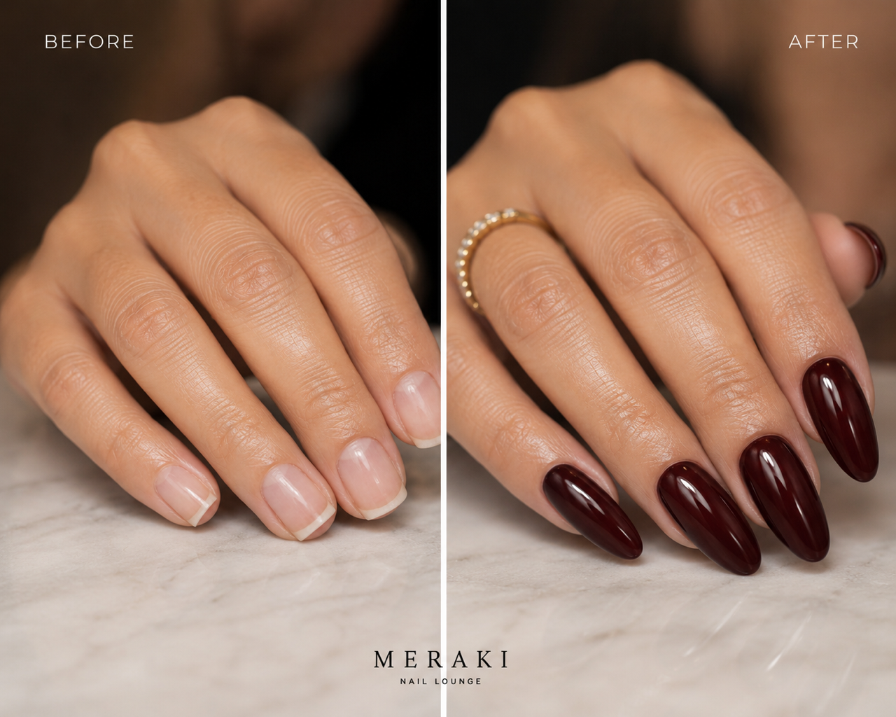 Before and after: natural nails transformed into glossy deep red sculpted nails at Meraki