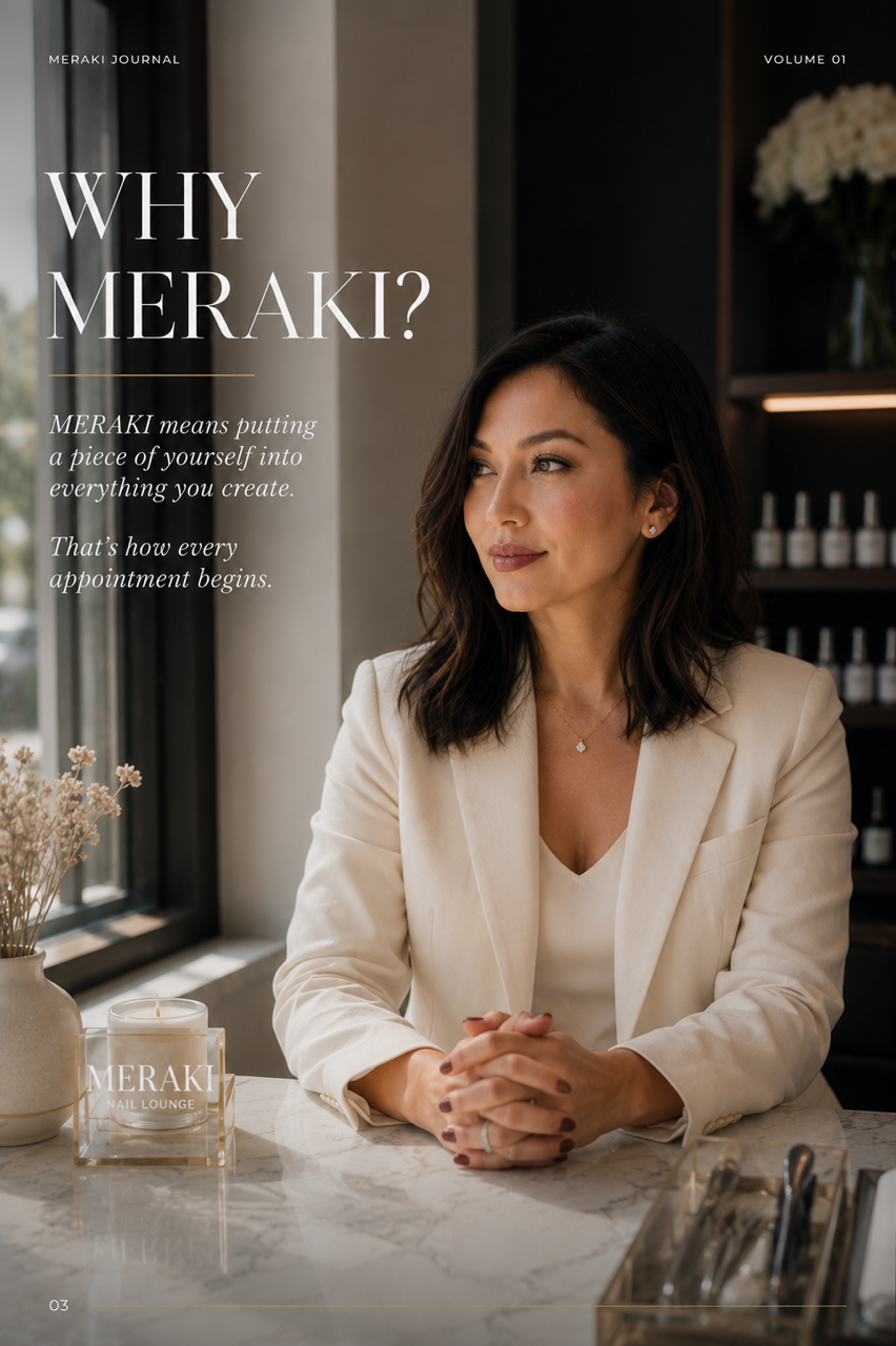 Helen La, owner of Meraki Private Nail Lounge, seated at a marble studio table